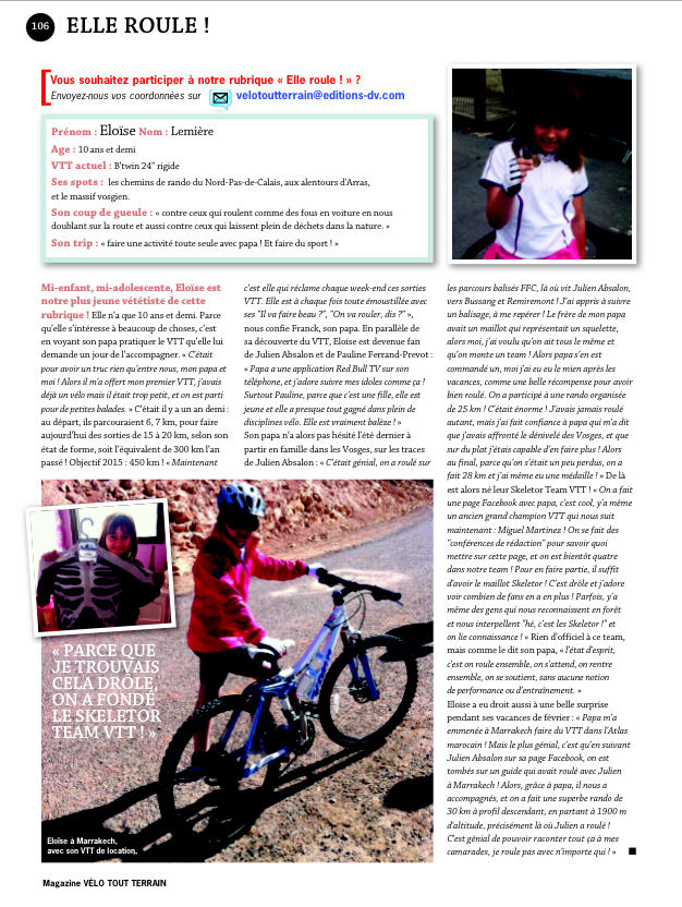 Article sur Elo&iuml;se dans le magazine V&eacute;lo Tout Terrain en avril 2015